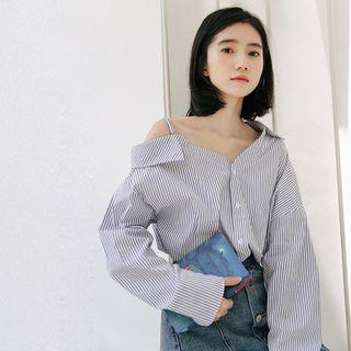 Off Shoulder Striped Long-sleeve Shirt