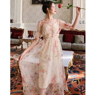 Set: Floral Short-sleeve Sheer Dress + Slipdress