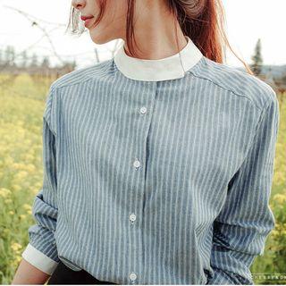 Contrast Trim Button-down Striped Blouse