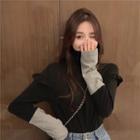 Long-sleeve Turtleneck Two-tone Top Black - One Size