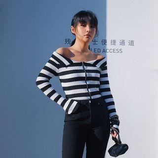 Boatneck Striped Zipper Knit Top Stripe - One Size