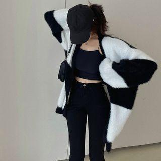 Two Tone Striped Woolen Oversize Cardigan Black & White - One Size