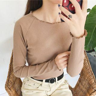 Plain Long-sleeve Rib-knit Top