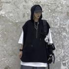 Short-sleeve Mock Two-piece Hooded T-shirt Black - One Size