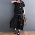 Set: Short-sleeve T-shirt + Asymmetrical Maxi A-line Skirt