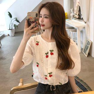 Puff-sleeve Fruit Embroidered Eyelet Lace Buttoned Top