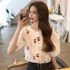 Puff-sleeve Fruit Embroidered Eyelet Lace Buttoned Top