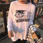 Long Sleeve Open Back Car Print T-shirt