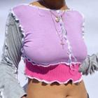 Long-sleeve Color Block Contrast Trim Cropped Top