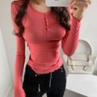Long-sleeve Plain Half-button T-shirt Dark Pink - One Size