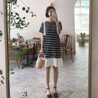 Frilled-detail Stripe-panel T-shirt Dress Black - One Size