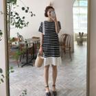 Frilled-detail Stripe-panel T-shirt Dress Black - One Size