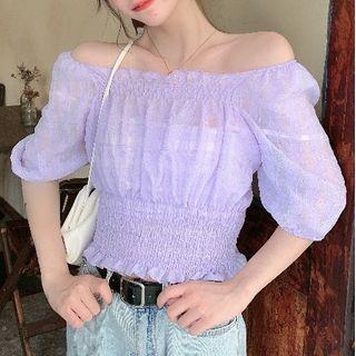 Short-sleeve Off-shoulder Frill Trim Crop Top
