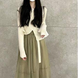Cardigan / Midi A-line Mesh Skirt / Set