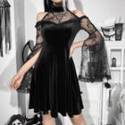 Bell-sleeve Cold Shoulder Mock-neck Lace A-line Dress