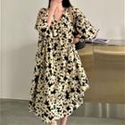 Puff-sleeve Floral Midi A-line Dress Floral - Black & White - One Size
