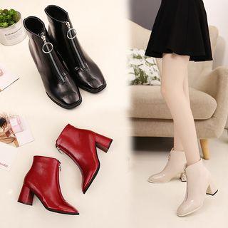 Square-toe Block Heel Front-zip Ankle Boots