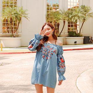 Off-shoulder Floral Embroidered Mini Dress