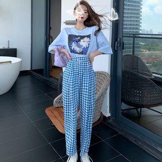 Elbow-sleeve Floral Print T-shirt / Plaid Pants