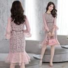 3/4-sleeve Lace Ruffle-hem Sheath Dress