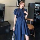 Puff-sleeve Frill Trim Asymmetrical A-line Dress