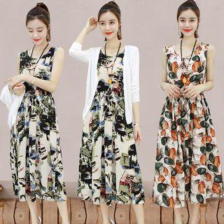 Set: Sleeveless Patterned A-line Midi Dress + 3/4-sleeve Light Jacket