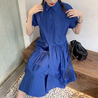 Asymmetric Hem Short-sleeve Midi Collared Dress Blue - One Size