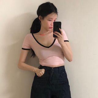 Contrast Trim V-neck T-shirt Pink - One Size