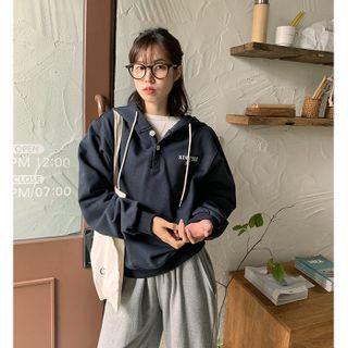 Button-front Letter Print Hoodie