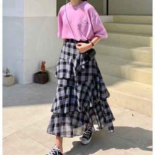 Short-sleeve Embroidered T-shirt / Maxi Plaid Layered Skirt