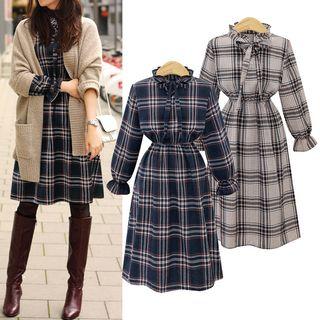 Long-sleeve Plaid Tie-waist Midi Dress