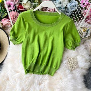 Round-neck Plain Knit Top Green - One Size