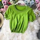 Round-neck Plain Knit Top Green - One Size
