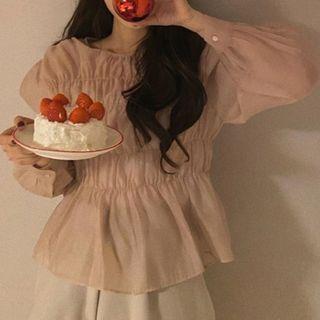 Long-sleeve Shirred Blouse As Shown In Figure - One Size