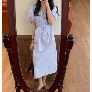 Puff-sleeve V-neck Plain Midi Dress