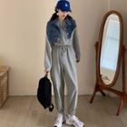 Drawstring Long-sleeve Jumpsuit / Collared Denim Cape