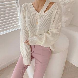 V-neck Slit-trim Sweater