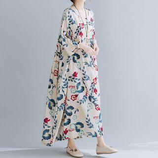 3/4-sleeve Leaf Print Dress Almond - One Size