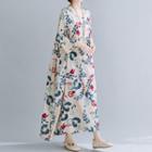 3/4-sleeve Leaf Print Dress Almond - One Size