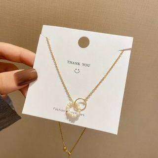 Faux Pearl Hoop Pendant Stainless Steel Necklace X547 - Gold - One Size