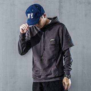 Mock Two-piece Long-sleeve Distressed Hoodie