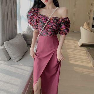 Puff-sleeve Floral Top / Midi Skirt