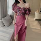 Puff-sleeve Floral Top / Midi Skirt