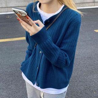 Ribbed Knit V-neck Cardigan Dark Blue - One Size