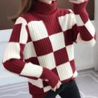 Turtleneck Checker Print Sweater