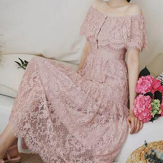 Off-shoulder Buttoned Lace Midi Dress