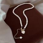 Heart Shell Pendant Faux Pearl Necklace Freshwater Pearl & Rhinestone - Silver - One Size