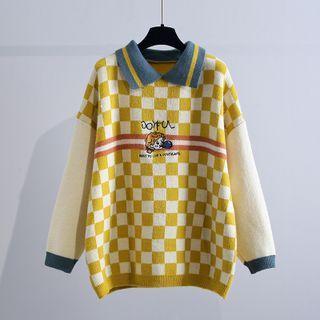 Collared Checkerboard Cartoon Embroidered Sweater Yellow - One Size