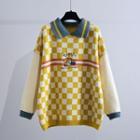 Collared Checkerboard Cartoon Embroidered Sweater Yellow - One Size
