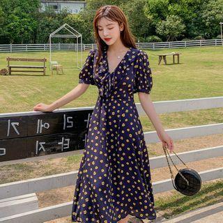 Ruffle Trim V-neck Floral Short-sleeve Midi A-line Dress